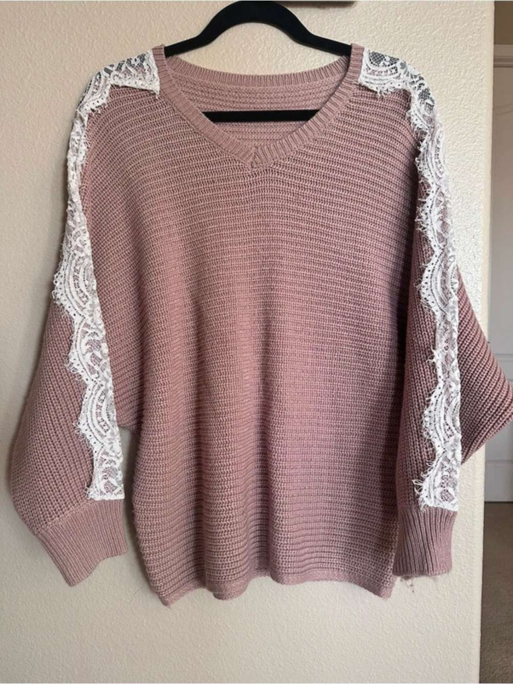 Women's Dusty Rose Lace-Trim V-Neck Sweater